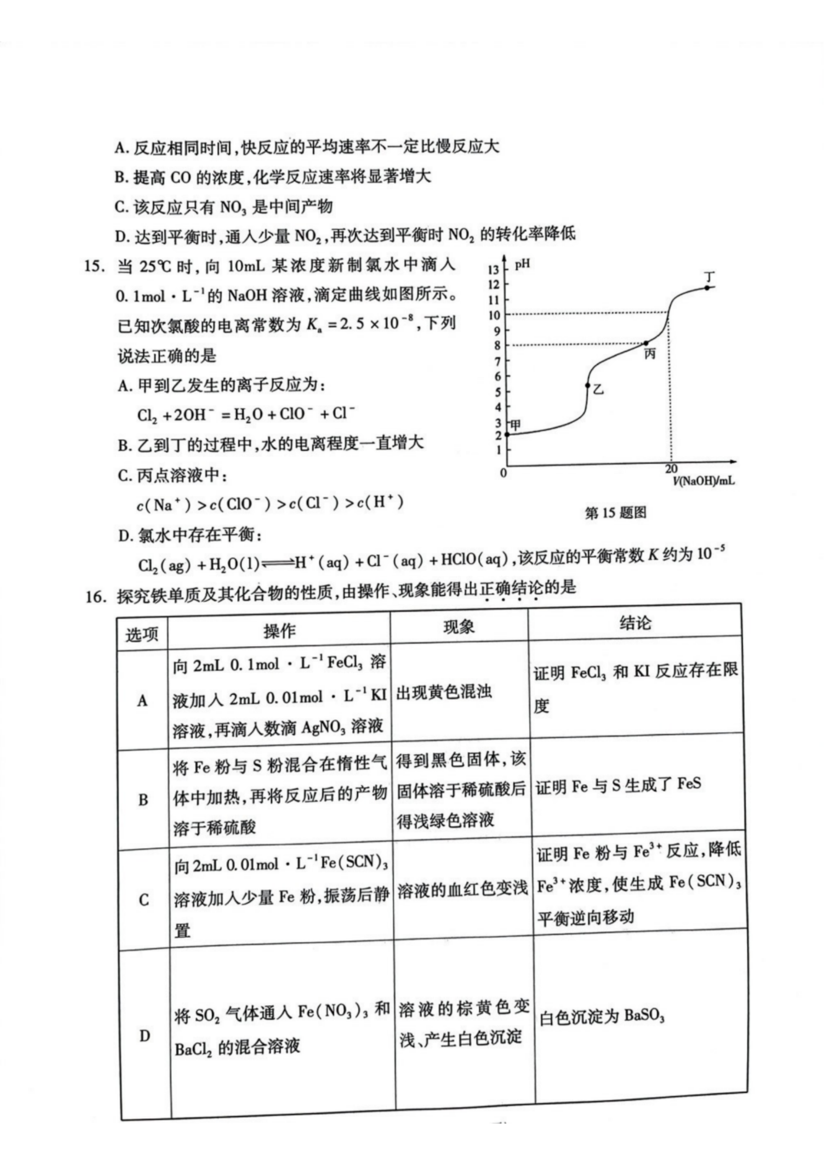 2024届浙江省杭州市高三一模化学试题及答案